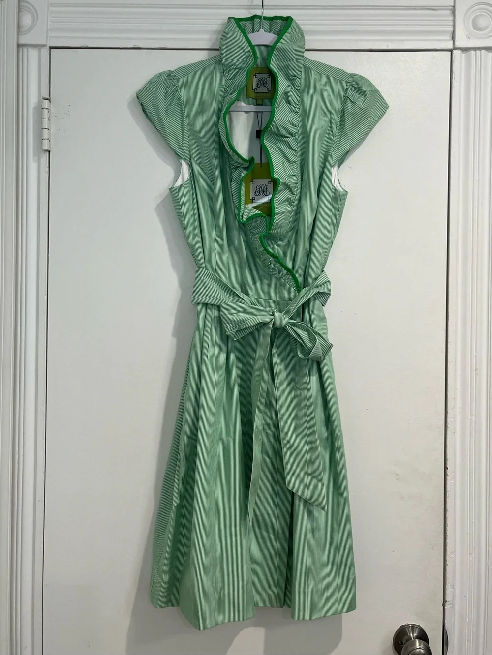 Elizabeth McKay Green & White Striped Ruffled Scotland Wrap Dress Sz. 6 NWT - Picture 3 of 11